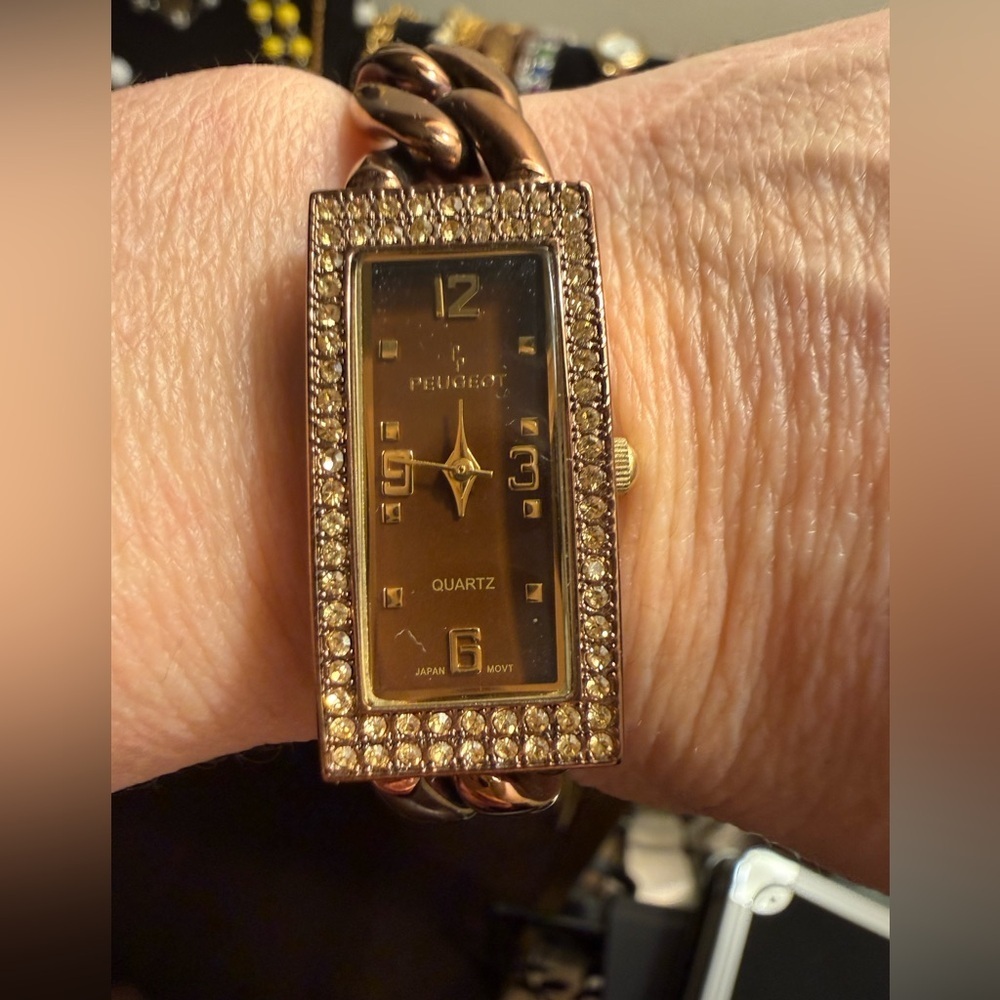 Peugeot Bling Crystal Watch Women Rose Gold Tone Rectangular Statement Bracelet